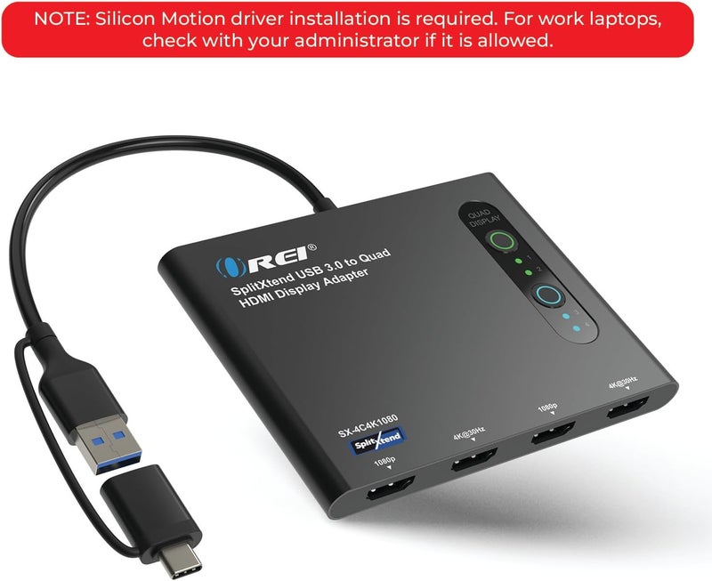 OREI SplitExtend HDMI Splitter Extended Display for Quad Monitor - Multi-Monitor Display 5 Separate Screens - USB-C Adapter to HDMI 2.0, 4K@30Hz Outputs - Windows and Mac Compatible - Image 2